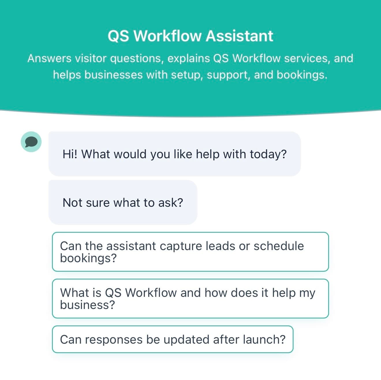 QS Workflow Assistant chatbot interface displaying welcome messages and suggested questions for business support.